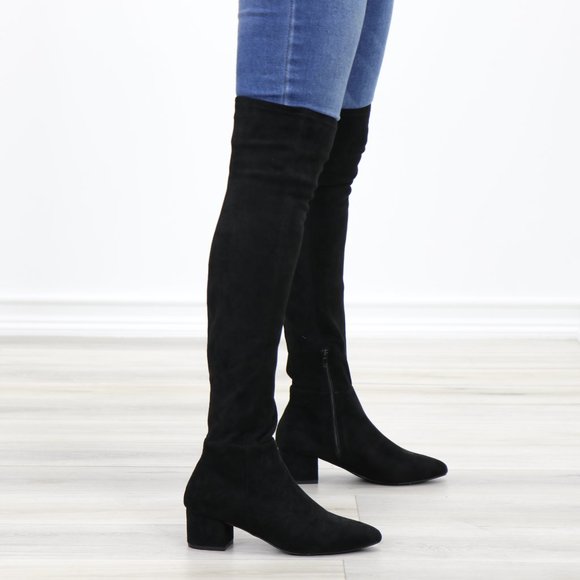 Pointy Toe Over The Knee Black Boots Faux Suede - Picture 13 of 16
